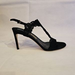 Black suede high heel sandals, Salvatore Ferragamo, NEW, size 8.5